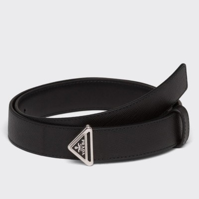 Prada Triangular Buckle Belt 30MM in Black Saffiano Leather