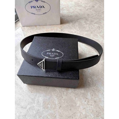 Prada Triangular Buckle Belt 30MM in Black Saffiano Leather