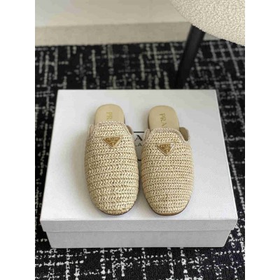 Prada Crochet Mules in Natural Raffia