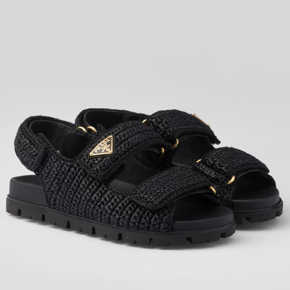 Prada Crochet Sandals in Black Raffia