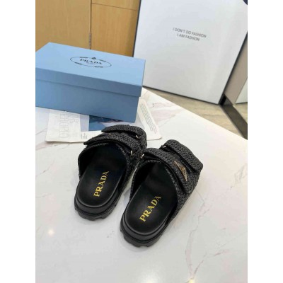 Prada Crochet Sandals in Black Raffia
