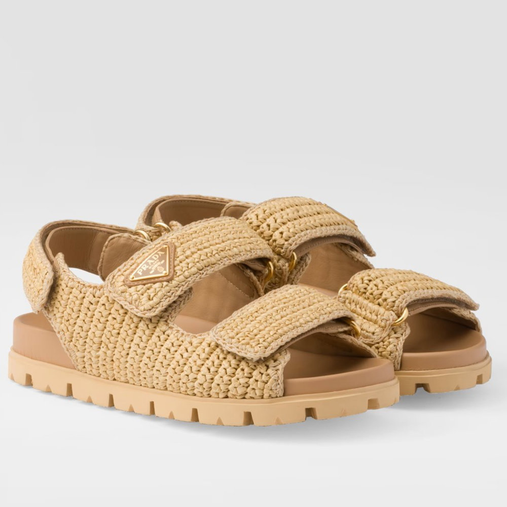 Prada Crochet Sandals in Natural Raffia