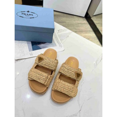 Prada Crochet Sandals in Natural Raffia