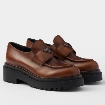 Prada Double Chocolate Loafers in Cognac Leather