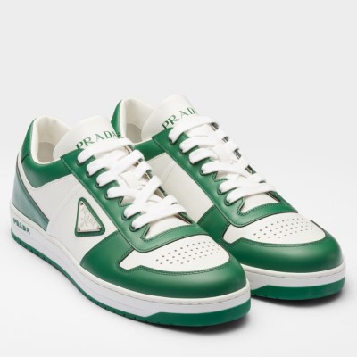 Prada Downtown Sneakers in White and Green Leather