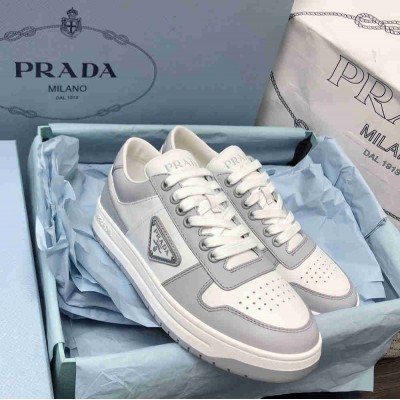 Prada Downtown Sneakers in White and Grey Leather