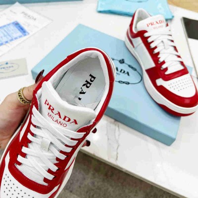 Prada Downtown Sneakers in White and Red Calfskin