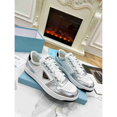 Prada Downtown Sneakers in White and Silver Leather