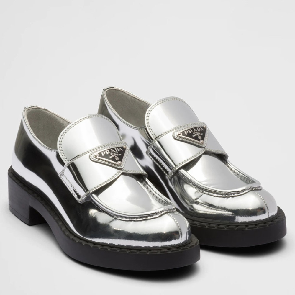 Prada Loafers In Silver Metallic Leather
