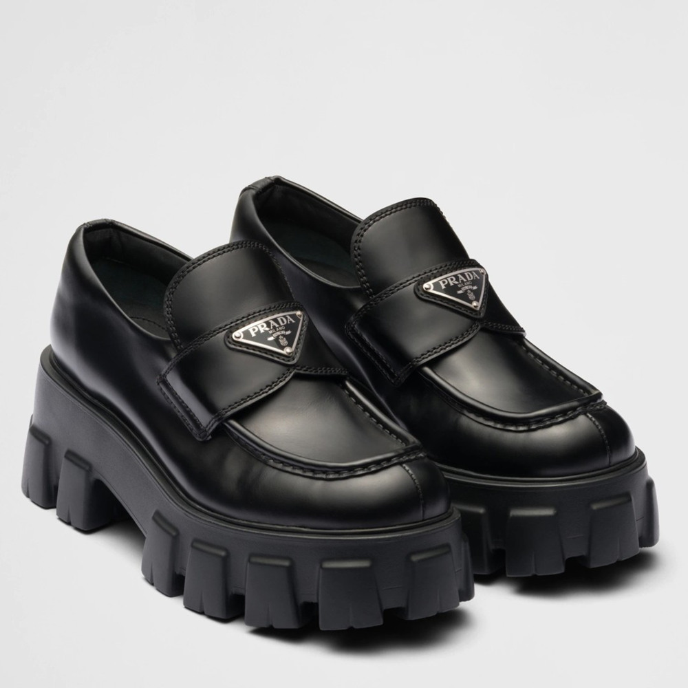 Prada Monolith Loafers In Black Brushed Leather