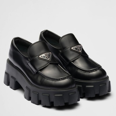 Prada Monolith Loafers In Black Brushed Leather