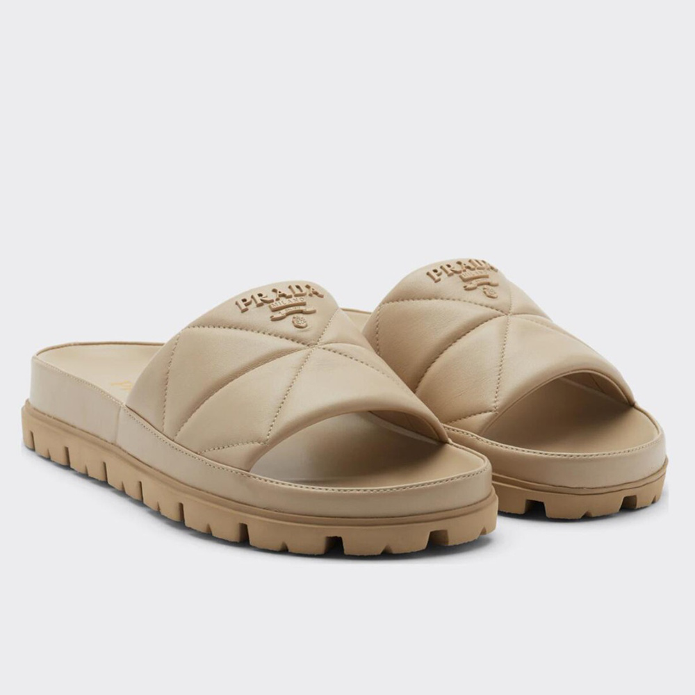 Prada Slides In Beige Quilted Nappa Leather