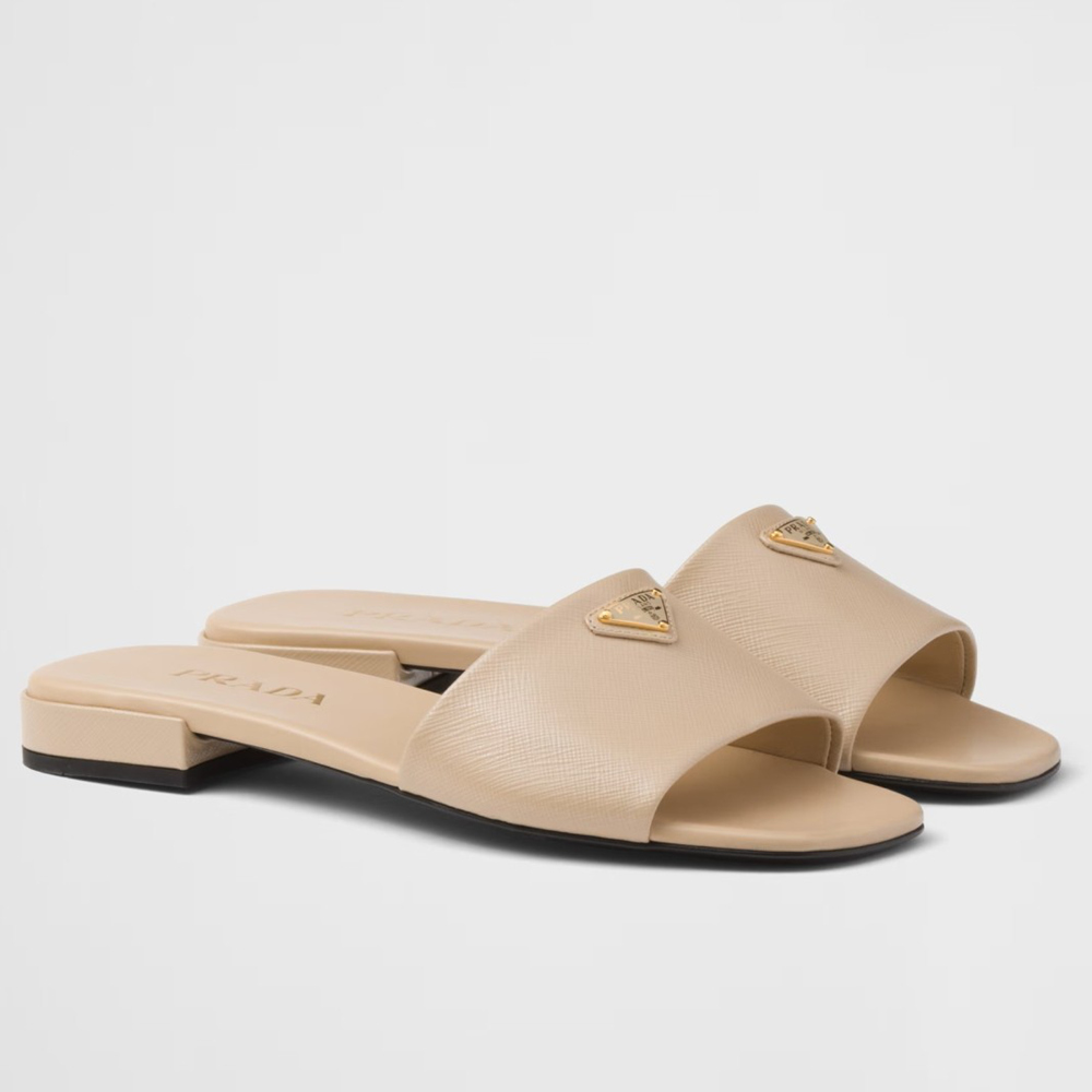 Prada Slides in Beige Saffiano Leather