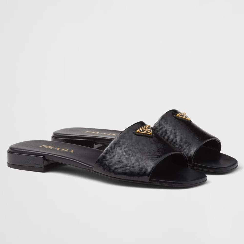 Prada Slides in Black Saffiano Leather
