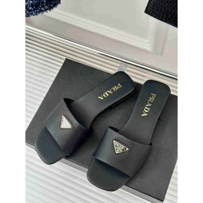 Prada Slides in Black Saffiano Leather