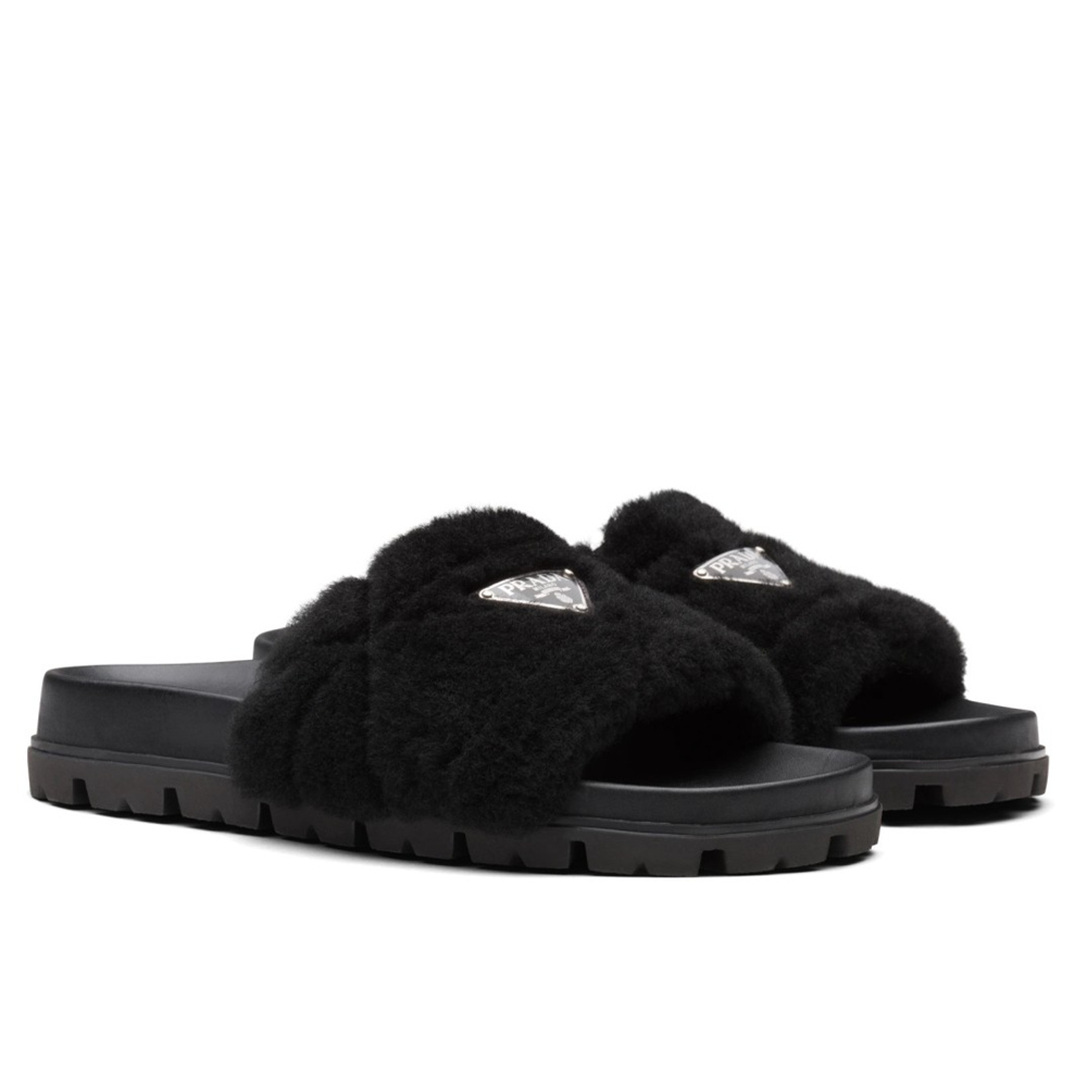 Prada Slides In Black Shearling