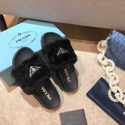 Prada Slides In Black Shearling