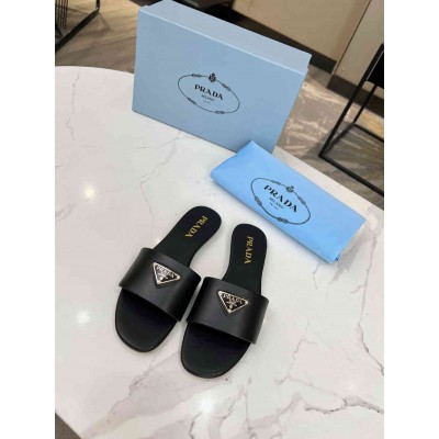 Prada Slides in Black Smooth Leather