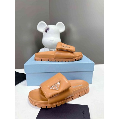 Prada Slides In Brown Soft Padded Nappa Leather