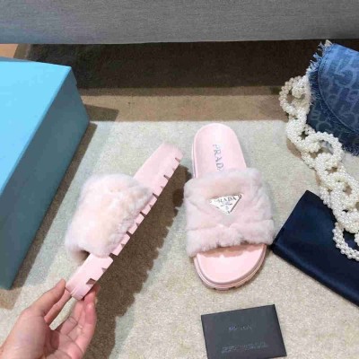 Prada Slides In Pink Shearling