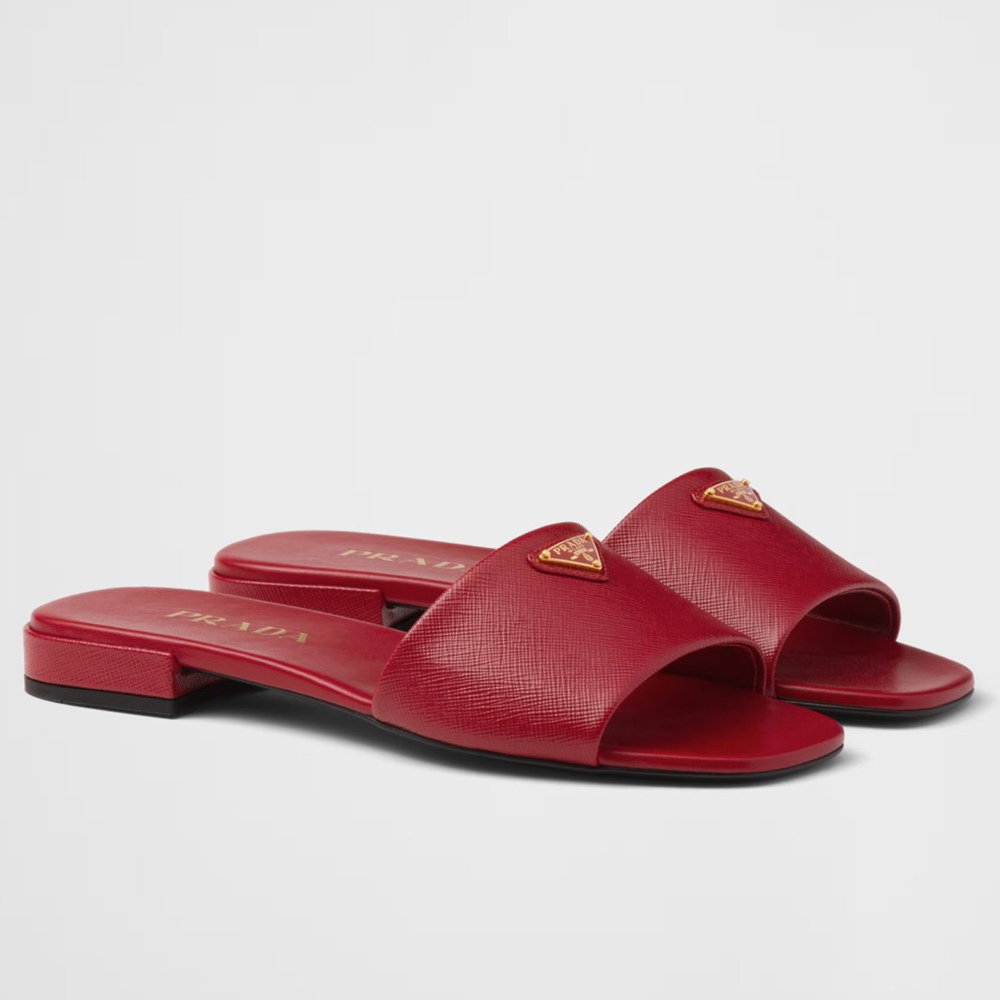 Prada Slides in Red Saffiano Leather