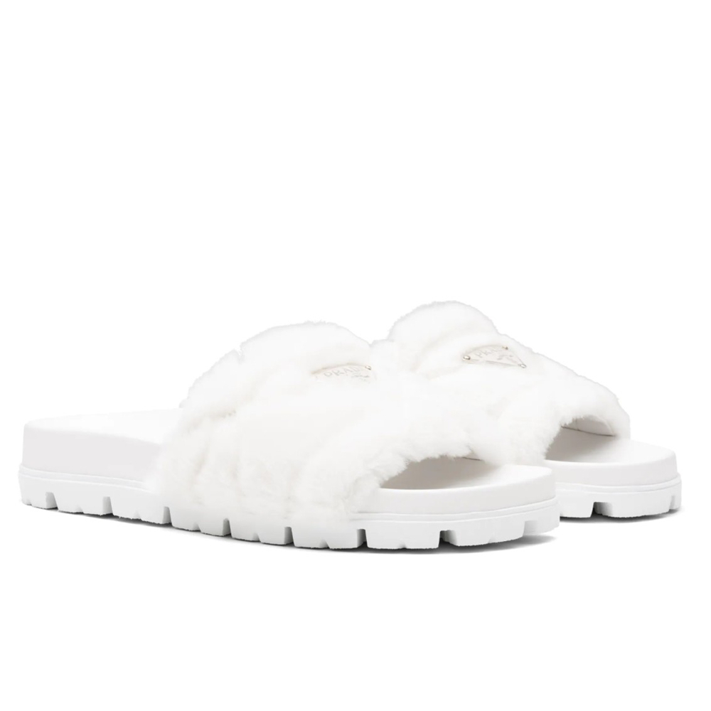 Prada Slides In White Shearling