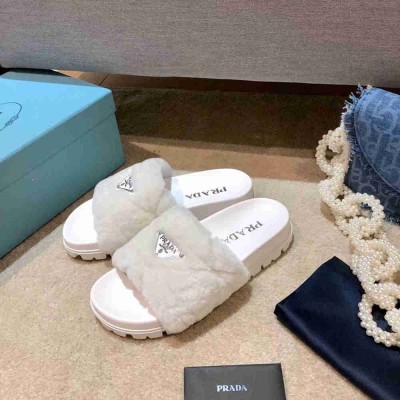 Prada Slides In White Shearling