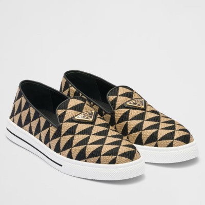 Prada Slip-on Sneakers in Black Beige Embroidered Fabric