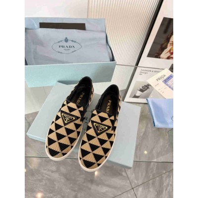 Prada Slip-on Sneakers in Black Beige Embroidered Fabric