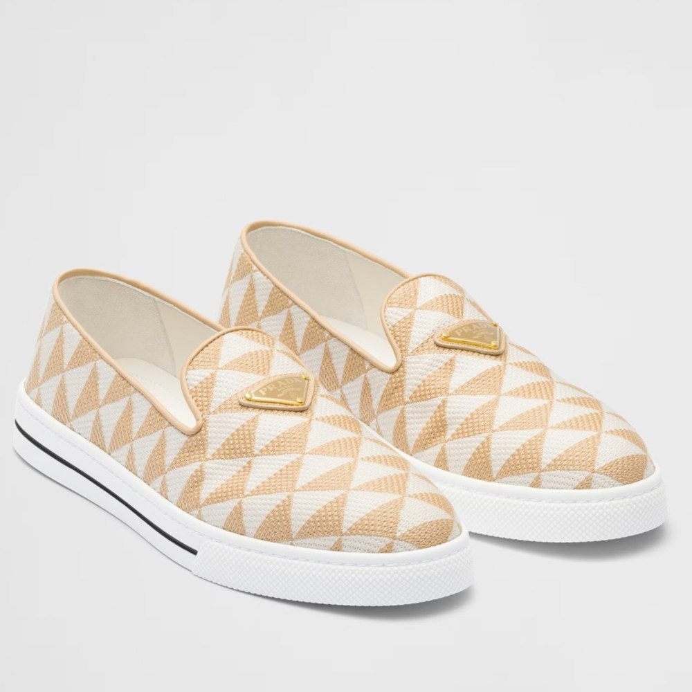 Prada Slip-on Sneakers in White Beige Embroidered Fabric