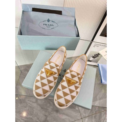 Prada Slip-on Sneakers in White Beige Embroidered Fabric