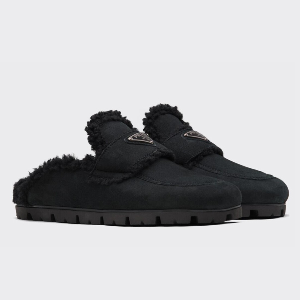 Prada Slippers In Black Shearling
