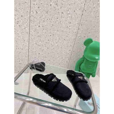 Prada Slippers In Black Shearling