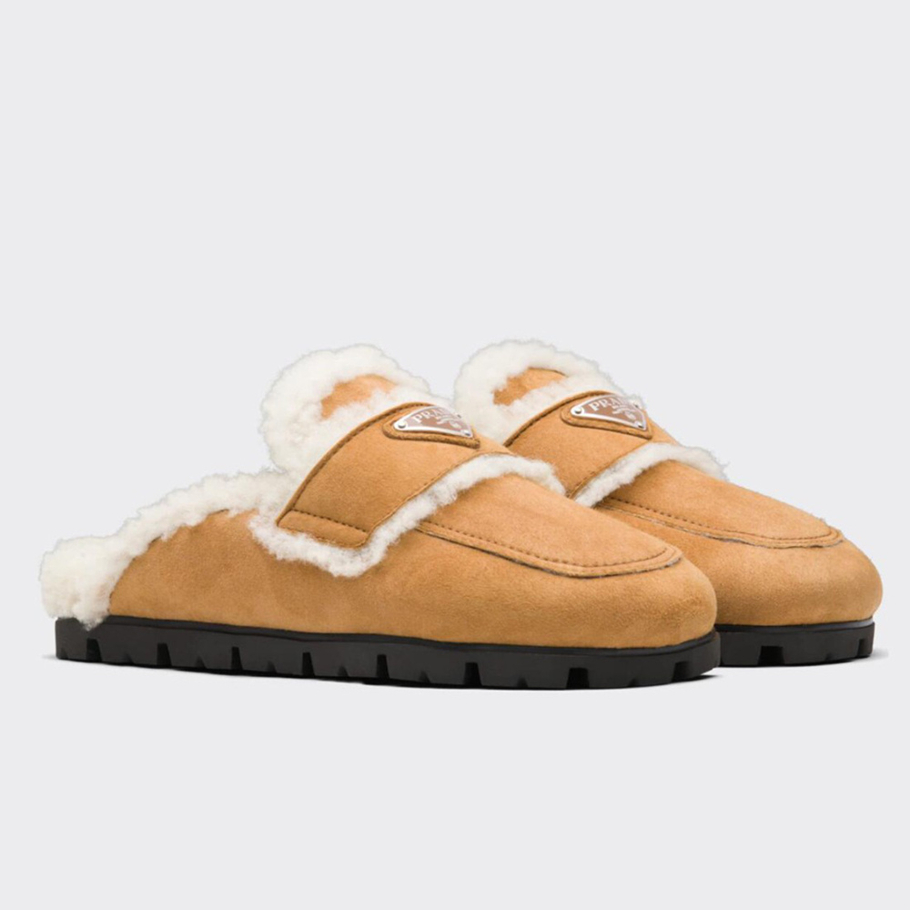Prada Slippers In Tan Shearling