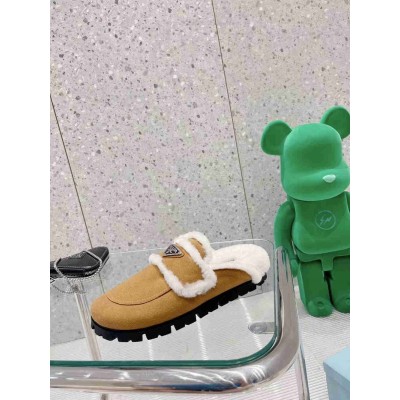Prada Slippers In Tan Shearling