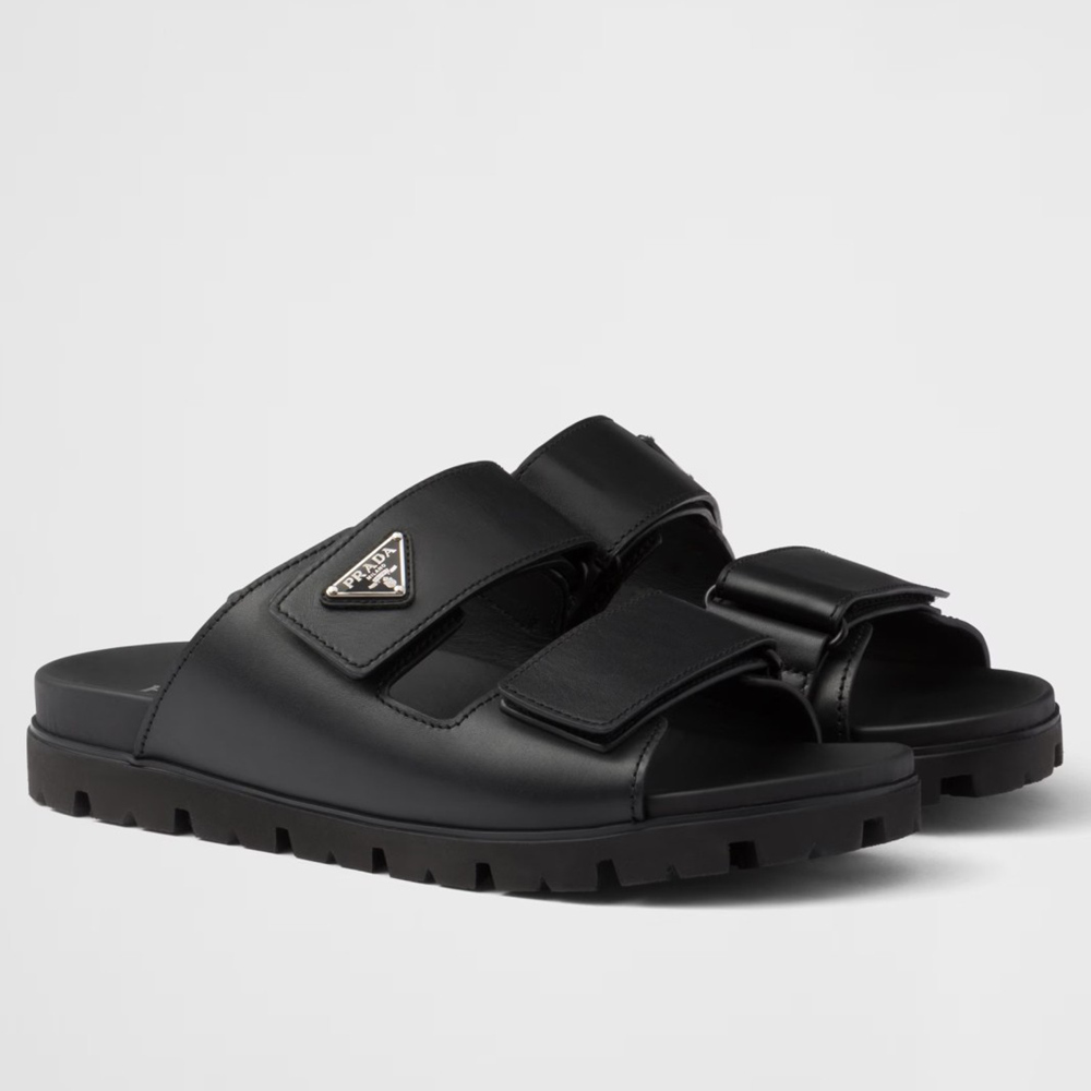 Prada Strap Slides Sandals in Black Calfskin