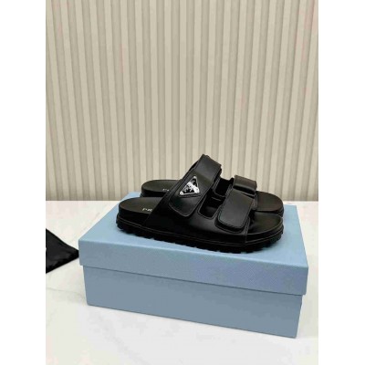 Prada Strap Slides Sandals in Black Calfskin
