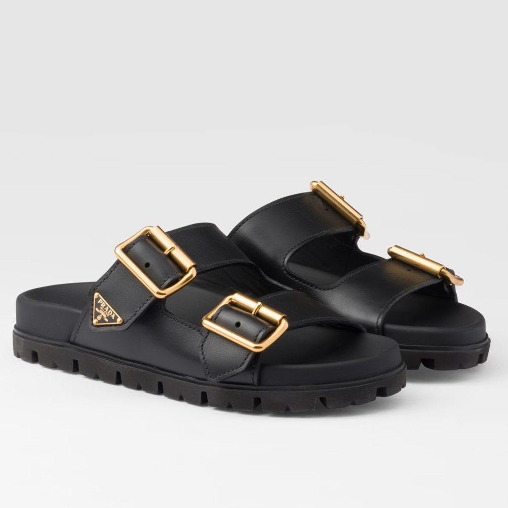 Prada Strap Slides Sandals in Black Leather