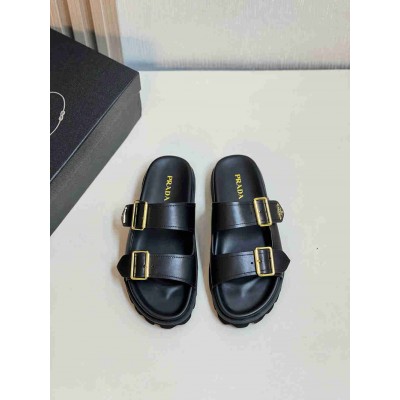 Prada Strap Slides Sandals in Black Leather