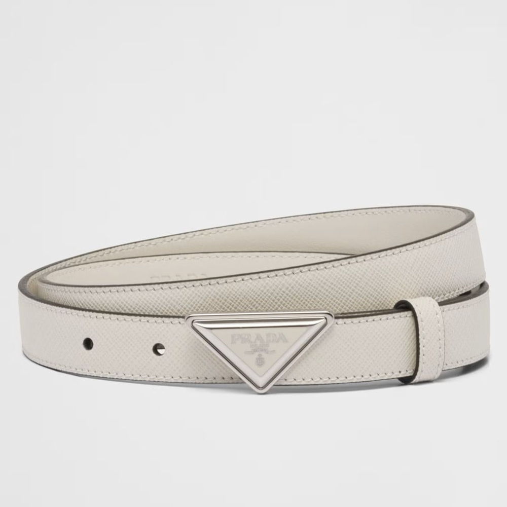 Prada Triangular Buckle Belt 25MM in White Saffiano Leather