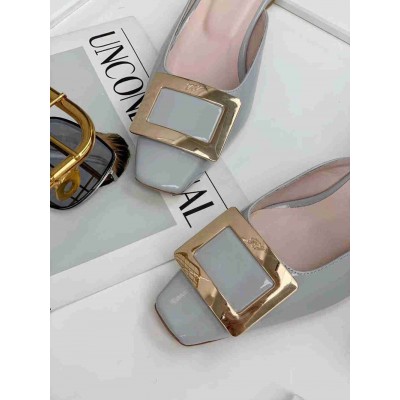 Roger Vivier Belle Vivier Metal Buckle Mules in Blue Patent Leather