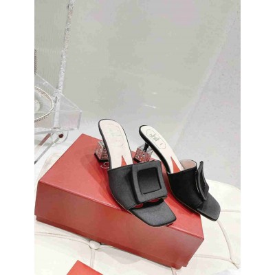 Roger Vivier Cube Strass Heel Mules in Black Satin