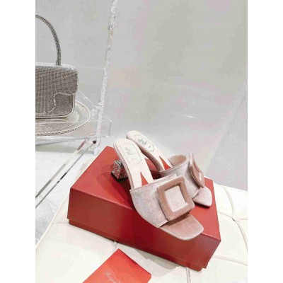 Roger Vivier Cube Strass Heel Mules in Pink Velvet