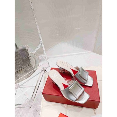 Roger Vivier Cube Strass Heel Mules in Silver Metallic Leather