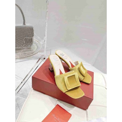 Roger Vivier Cube Strass Heel Mules in Yellow Velvet
