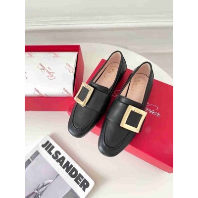 Roger Vivier Soft Metal Buckle Loafers in Black Leather