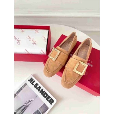 Roger Vivier Soft Metal Buckle Loafers In Brown Suede