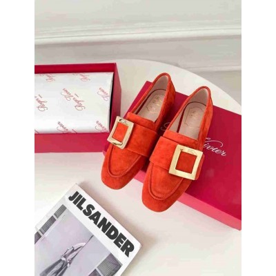 Roger Vivier Soft Metal Buckle Loafers In Orange Suede