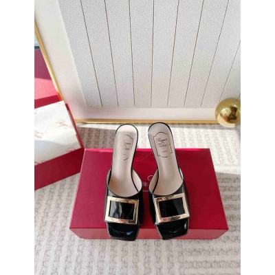 Roger Vivier Trompette Metal Buckle Mules in Black Patent Leather