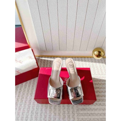 Roger Vivier Trompette Metal Buckle Mules in Silver Metallic Leather